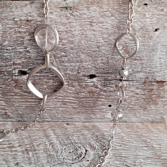 Long Silver Metal Necklace with Unique Links and Crystal Beads - Picture 5 of 5